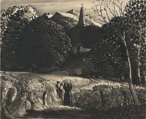 Kornfeld und Kirche im Mondlicht von Samuel Palmer