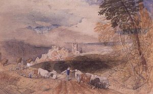 Hügelige Landschaft mit Bauern beim Pflügen von Samuel Palmer