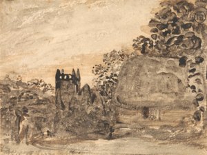 Reetgedecktes Cottage und Kirche von Samuel Palmer