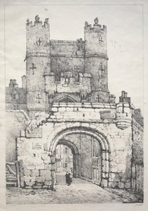 Eine Reihe alter Gebäude und ländlicher Hütten im Norden Englands: In York, mittelalterliches Tor