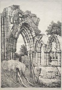 Eine Reihe alter Gebäude und ländlicher Cottages im Norden Englands: In York, Ruinen, 1821 von Samuel Prout