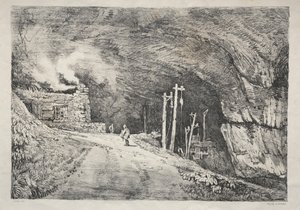Eine Serie antiker Gebäude und ländlicher Cottages im Norden Englands: Peak Cavern, 1821 von Samuel Prout