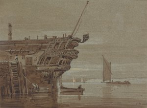 Ein Ostindienfahrer vertäut, kleine Boote daneben, andere Boote weiter entfernt von Samuel Prout