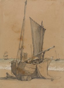 Fischerboot am Strand mit einer Brigg auf See von Samuel Prout