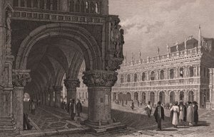 Verkürzung der Arkade des Dogenpalastes mit Blick auf den Markusplatz und den Bibliothekspalast, Venedig, Venetien, Italien, Stahlstich nach einer Zeichnung von Samuel Prout von Samuel Prout
