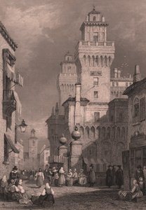 Ansicht von Castello Estense, Ferrara, Emilia-Romagna, Italien, Stahlstich von John Godfrey nach einer Zeichnung von Samuel Prout, ca. 26x17 cm, veröffentlicht von Blackie and Son von Samuel Prout