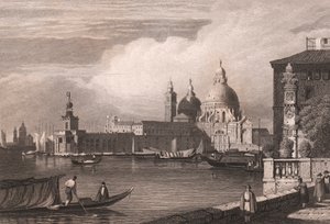 Ansicht des Canal Grande mit Punta della Dogana und Basilika Santa Maria della Salute im Hintergrund, Venedig, Venetien, Italien, Stahlstich nach einer Zeichnung von Samuel Prout