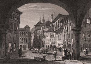 Ansicht des Marktplatzes in Domodossola, Piemont, Italien, Stahlstich nach einer Zeichnung von Samuel Prout