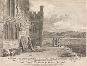 Ansicht des neuen Turms und eines Teils des großen Küchenfensters von Arundel Castle, Sussex (veröffentlicht von J. Sewell); Seite 13 (Band Eins) von Samuel Rawle