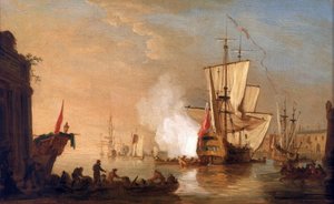 Britisches Kriegsschiff feuert zur Begrüßung bei der Ankunft im Hafen, dessen Gebäude einen Hafen im Mittelmeerraum darstellen. Um 1765, von Samuel Scott (1702-1772).