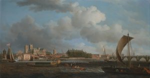 Westminster von Lambeth, mit der Zeremonialbarke der Ironmongers Company von Samuel Scott