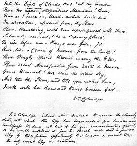Letzte Zeilen von Coleridges Gedicht Hymne vor Sonnenaufgang im Tal von Chamouny, geschrieben in der eigenen Handschrift des Dichters und in einem Brief an Mrs. Brabant aus Devizes gesendet, 1815