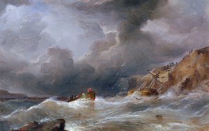 Ein Boot sank an einer felsigen Küste, mit dem Rettungsboot voller Überlebender. Öl auf Leinwand von Samuel Walters