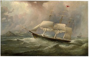 Das Klipperschiff Ocean Chief der Black Ball Line reduziert die Segel auf ihrer Australienfahrt, ca. 1853