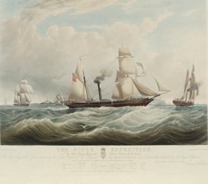 Die Nigeria-Expedition, am Zusammenfluss der Flüsse Niger und Benoue, die Schiffe Albert, Sudan und Wilberforce vor Holyhead (Wales), August-Oktober 1841 von Samuel Walters
