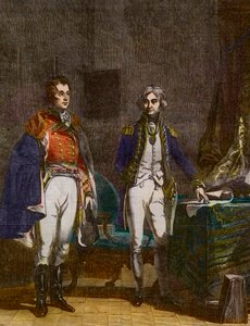 Ein Treffen zwischen Generalmajor Sir Arthur Wellesley (Duke of Wellington) und Vizeadmiral Horatio Nelson, September 1805 (Stich von Samuel William Reynolds nach John Prescott Knight)