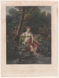 Junge Frau mit Blumenkranz und Füßen im Wasser von Samuel William Reynolds (I)