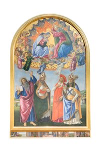 Krönung der Jungfrau mit Engeln und St. Johannes dem Evangelisten, St. Augustinus von Sandro Botticelli