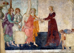 Venus und die Grazien bieten einem jungen Mädchen Geschenke an. Fresko der Villa Lemmi