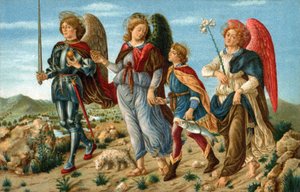 Die drei Erzengel und Tobias. Die Engel Raphael, Gabriel und Michael begleiten den jungen Tobias. Chromolithographie um 1900 für eine Postkarte nach dem Gemälde von Sandro Botticelli (1445-1510). von Sandro (after) Botticelli