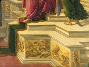 Verleumdung des Apelles: Detail zeigt einen Teil des Podiums mit simulierten Skulpturenfriesen, die klassische Themen darstellen, 1497-98 (Detail)