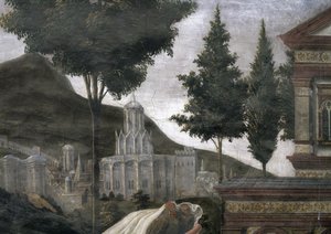 Die Reinigung des Aussätzigen und die Versuchung Christi, in der Sixtinischen Kapelle: Detail einer imaginären Stadt in einer Landschaft, 1481 von Sandro Botticelli