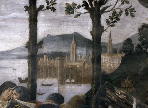 Die Reinigung des Aussätzigen und die Versuchung Christi, in der Sixtinischen Kapelle: Detail einer imaginären Hafenstadt in einer Landschaft, 1481 von Sandro Botticelli