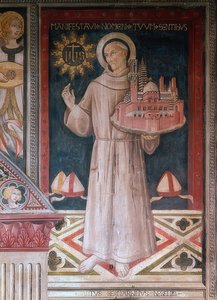 Der Heilige Bernhardin von Siena mit einem Modell der Stadt Siena von Sano di Pietro