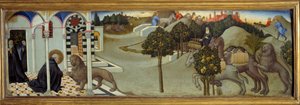 Szene aus dem Leben des heiligen Hieronymus: (Detail) Der heilige Hieronymus entfernt einen Dorn aus der Löwenpfote; der Löwe verfolgt die Diebe, die den Esel aus dem Kloster gestohlen hatten und bringt eine Karawane von Kamelen mit Waren zurück
