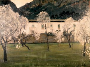 Landschaft mit Blumen in Bäumen. Gemälde von Santiago Rusinol y Prats (1861-1931). Öl auf Leinwand. Barcelona. Nationalmuseum für Kunst von Katalonien. von Santiago Rusinol i Prats