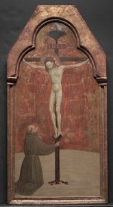 Der heilige Franziskus kniet vor Christus am Kreuz von Sassetta