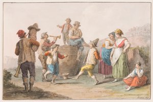 Aquarell; Zwei Bauern tanzen zur Musik von Dudelsack und Horn von Saverio della Gatta