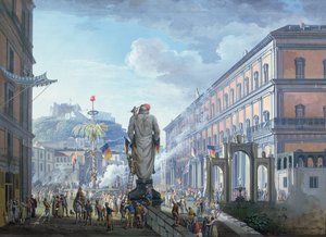 Der Palazzo Reale, als der Freiheitsbaum gefällt wurde und die Truppen 1799 von den Engländern massenhaft dirigiert wurden, 1800