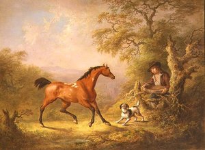 Ein Stallbursche füttert ein Pferd von Sawrey Gilpin