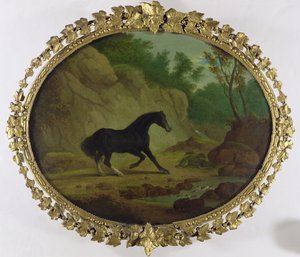 Ein Pferd erschreckt durch eine Schlange