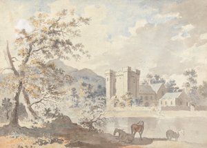 Schloss unter Bergen mit Pferden an einem Fluss von Sawrey Gilpin