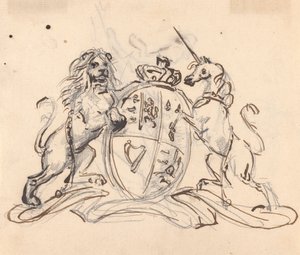 Wappen flankiert von einem Einhorn und einem Löwen