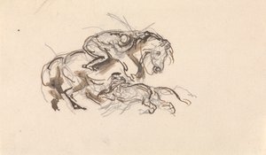 Pferd und Reiter von einem Löwen angegriffen