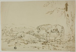 Landschaft mit Pferden im Vordergrund