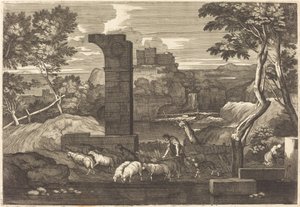 Landschaft mit Bauer und seiner Herde von Sébastien Bourdon
