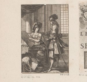 Geometrie und junger Mann mit geometrischer Zeichnung (Titelblatt für: Pratique de la géometrie, sur le papier et sur le terrain, 1669)