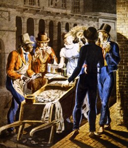 Ein Austernverkäufer verkauft seine Waren vor dem Chestnut Street Theatre in Philadelphia, ca. 1796 von School American