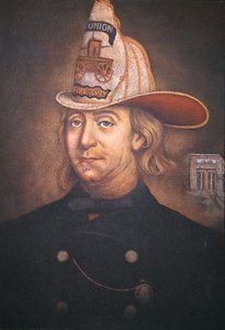 Benjamin Franklin in der Uniform der Union Fire Company, die er 1736 in Philadelphia gründete von School American