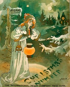 Weihnachtsposter mit einer Frau, die eine Laterne vor einem schneebedeckten Cottage hält (Lithographie)
