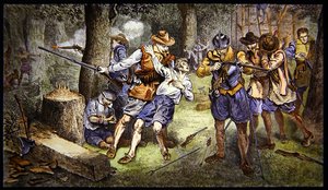 Verteidigung der Siedlung gegen einen Indianerangriff in der Kolonie Jamestown, Virginia im Jahr 1607 von School American