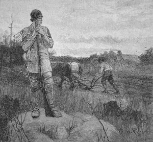 Bewachung einer Farm gegen einen Indianerangriff, nach einer Illustration von Howard Pyle von School American