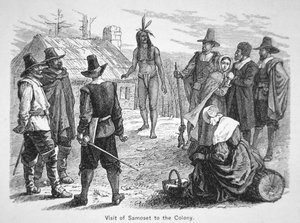Samoset, Häuptling der Pemaquids, besucht die Pilgerväter im Jahr 1621 von School American