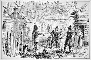 Samoset, Häuptling der Pemaquids, besucht die Pilgerväter im Jahr 1621