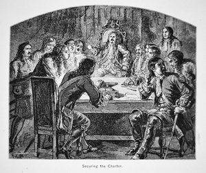 Sir Edmund Andros fordert 1687 die Übergabe der Charta von Connecticut, um das Dominion of New England zu etablieren