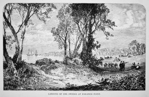 Schwedische Siedler landen 1638 am Paradise Point am Delaware River
